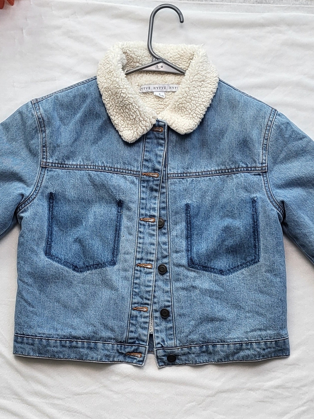 Women's HYFVE Light Blue Denim Jacket with Cream Sherpa Collar